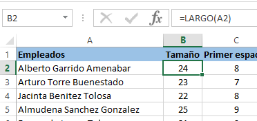 La función largo en Excel permite conocer cuántos caracteres tiene una cadena de texto. Por ejemplo la palabra “Hola” consta de cuatro caracteres.
