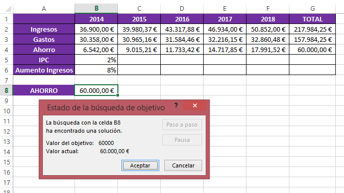 En este ejemplo buscar objetivo vamos a averiguar por aproximación un dato. Una incógnita que desconocemos y que Excel resuelve por aproximación.