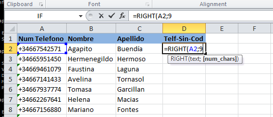La función derecha nos permite extraer un número indicado de caracteres en una cadena de texto empezando por la derecha o el final de la palabra.