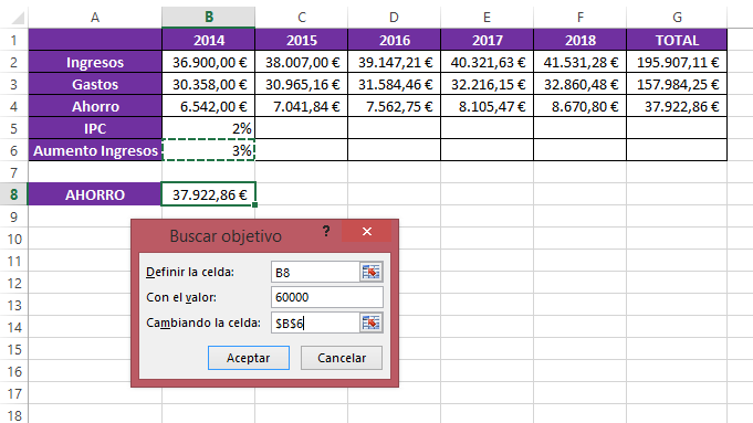 En este ejemplo buscar objetivo vamos a averiguar por aproximación un dato. Una incógnita que desconocemos y que Excel resuelve por aproximación.